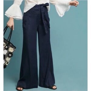 Anthropologie Navy High Waisted Belted Wide-Leg Linen Blend Pants Size 27